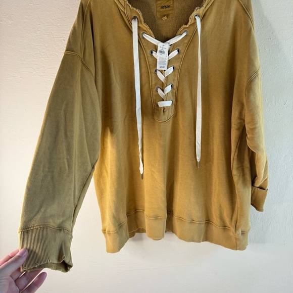 Aerie NWT Lace Up Oversized Long Sleeve Vintage Yellow Crew Sweatshirt Large - Picture 3 of 7